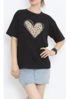 14 Şubat Sevgililer Günü Leopar Kalp Baskılı Oversize Bisiklet Yaka T-shirt - Siyah