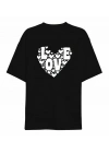 14 Şubat Sevgililer Günü Love Kalp Baskılı Oversize Bisiklet Yaka T-shirt - Siyah