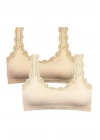 2 Adet Dantel Nakış İşlemeli Pedli Bambu Kadın Büstiyer Ten Krem