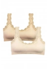 2 Adet Dantel Nakış İşlemeli Pedli Bambu Kadın Büstiyer Ten Krem