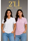 2li Kadın Polo Yaka Pike Kumaş Düğmeli Basic Tişört Günlük Rahat Kesim - Beyaz, Pembe