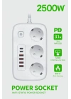 ® 2500W Çoklu Priz 2 METRE – 3’lü AC Priz +5 USB Çıkışı AKIM KORUMALI Alev Almayan Gövde,