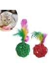 ®  2li Rattan Renkli Peluş Tüy Kedi Köpek Oyuncak Yakalama Çiğneme Çıngıraklı Top Oyuncağı