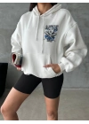3 iplik şardonlu oversize kafa baskılı sweat beyaz