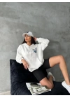 3 iplik şardonlu oversize kafa baskılı sweat beyaz