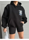 3 iplik şardonlu oversize kafa baskılı sweat siyah