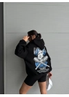 3 iplik şardonlu oversize kafa baskılı sweat siyah