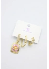 3lü Taşlı Küpe - Pembe