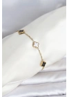316L Çelik Gold Renk Siyah Beyaz Baby Yonca Model Kadın Bileklik
