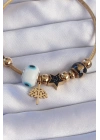 ® 316L Çelik Gold Renk Siyah Zirkon Taşlı Yıldız Tasarımlı Ağaç Detay Nazarlı Charm Bileklik