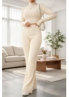 Kadın Ekru Çizgili Boğazlı Crop Top ve Yüksek Bel Eşofman Takımı Spor Şık Kombin