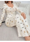 Kadın Ekru Ayıcık ve Fiyonk Desenli Yumuşak Pamuklu Uzun Pijama Takımı 5129