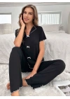 Kadın Siyah Fiyonk Detaylı Yumuşak Pamuklu Uzun Pijama Takımı 5130