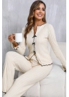 Kadın Ekru Fitilli Şık Pijama Takımı – Fiyonk Detaylı Rahat Ev Giyim Seti