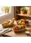 ®  3’lü Kayık Formlu Plastik Rattan Sepet Seti–Hasır Görünümlü Ekmek, Meyve ve Sunum Sepetleri, Çok Amaçlı Masaüstü Organizer