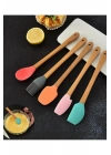 5'li Renkli Ahşap Saplı Silikon Uçlu Spatula Fırçalı Kaşık Seti -yemek Hazırlık Seti 21 Cm