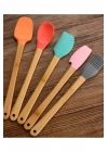 5'li Renkli Ahşap Saplı Silikon Uçlu Spatula Fırçalı Kaşık Seti -yemek Hazırlık Seti 21 Cm