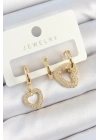 Bfs Pirinç Zirkon Taşlı Kalp Model Gold Renk 3Lü Çift Kadın Küpe Set