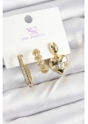 Bfs Pirinç Zirkon Taşlı Kalp Model Gold Renk 3Lü Kadın Küpe