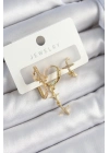 Bfs Pirinç Zirkon Taşlı Yıldız Model Gold Renk 3Lü Çift Kadın Küpe Set