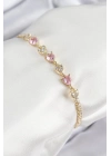 Bfs Pirinç Zirkon Taşlı Pembe Kalp Model Gold Renk Kadın Bileklik