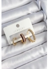 Bfs Pirinç Zirkon Taşlı Bordo Halka Model Gold Renk 3Lü Çift Kadın Küpe Set