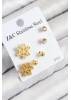 Bfs 316L Çelik Zirkon Taşlı Kar Tanesi Model Gold Renk Kadın Set Küpe