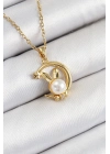 Bfs 316L Çelik İnci Detaylı Hilal Tavşan Model Gold Renk Kadın Kolye