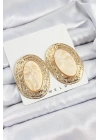 Bfs Pirinç Mermer Desenlli Bej Oval Vintage Model Gold Renk Kadın Küpe
