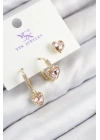 Bfs Pirinç Zirkon Taşlı 3Lü Pembe Kalp Model Gold Renk Kadın Küpe