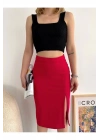 Yırtmaçlı Esnek Kumaş Midi Boy Etek Koyu Kırmızı