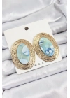 Bfs Pirinç Mermer Desenlli Mavi Oval Vintage Model Gold Renk Kadın Küpe