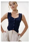Krep Kumaş Düğmeli Yelek Lacivert S3395