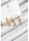 Bfs Pirinç Zirkon Taşlı 3Lü Kuş Model Gold Renk Kadın Küpe