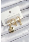 Bfs Pirinç Zirkon Taşlı Yıldız Ve Ay Model Gold Renk 3Lü Çift Kadın Küpe Set