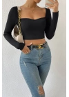 Kadın Siyah Uzun Kol Göğüs Dekolteli Şık Crop Top Bluz