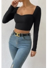 Kadın Siyah Uzun Kol Göğüs Dekolteli Şık Crop Top Bluz