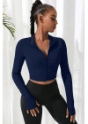 Kadın Lacivert Uzun Kol Fermuarlı Parmak Geçme Detaylı Dik Yaka Crop Top Bluz