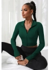 Kadın Yeşil Uzun Kol Fermuarlı Parmak Geçme Detaylı Dik Yaka Crop Top Bluz