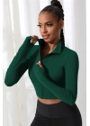 Kadın Yeşil Uzun Kol Fermuarlı Parmak Geçme Detaylı Dik Yaka Crop Top Bluz