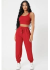 Kadın Kırmızı Kaşkorse Cepli Jogger Eşofman Altı ve Crop Top Bluz