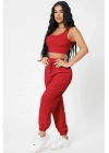 Kadın Kırmızı Kaşkorse Cepli Jogger Eşofman Altı ve Crop Top Bluz