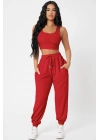 Kadın Kırmızı Kaşkorse Cepli Jogger Eşofman Altı ve Crop Top Bluz