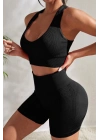 Kadın Siyah Yüksek Bel Çapraz Sırt Detaylı Şortlu Gecelik Takım