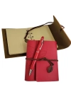 Ahşap Kutulu Kırmızı Deri Defter ve Metal Kalem Set