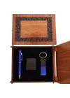 Ahşap Kutulu Mavi Kalem Anahtarlık ve Çakmak Set