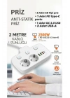 ® Akım Korumalı 2500W Güçlü 3 USB + Type-C Portlu Çoklu Priz | Hızlı Şarj, Çocuk Kilidi, 2 METRE