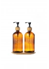 Amber Cam İkili Sıvı Sabunluk Seti 500 ml Bambu Altlıklı