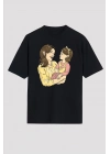 Anneler Günü Hediye Anne Kız Temalı Baskılı Oversize Bisiklet Yaka T-shirt - Siyah