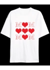 Anneler Günü Hediye MOM Kalp Baskılı Oversize Bisiklet Yaka T-shirt - Beyaz